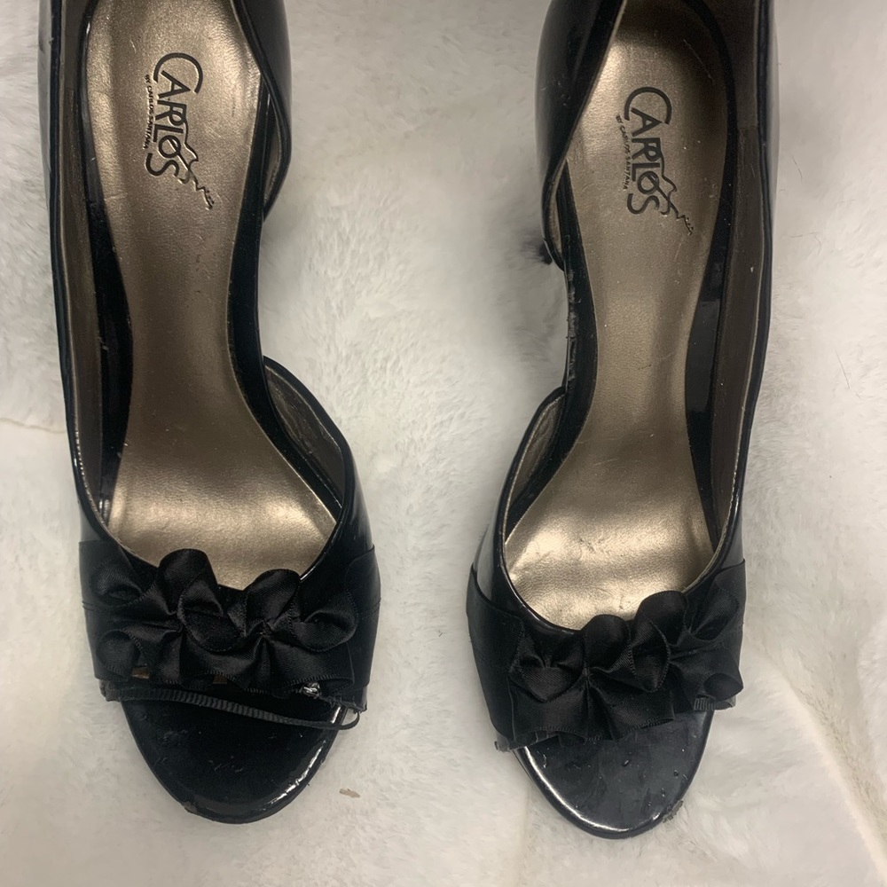 Carlos Santana peep toe satin leather ruffle Heels
